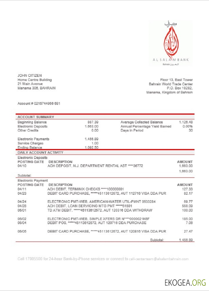 Relevé bancaire de Bahreïn Al Salam